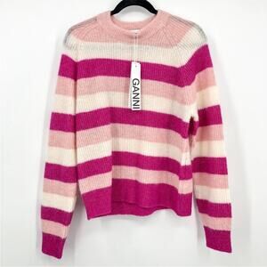 Ganni Pullover Crew Neck Multicolor Pink Striped Women's Sweater NEW LARGE